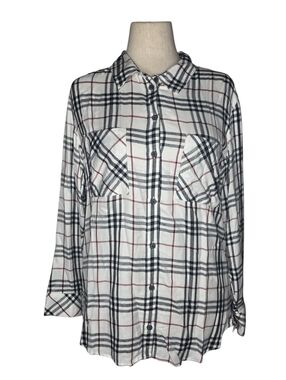 Sanctuary Plaid Button Front Blouse Cream Rayon S NWT Casual Work